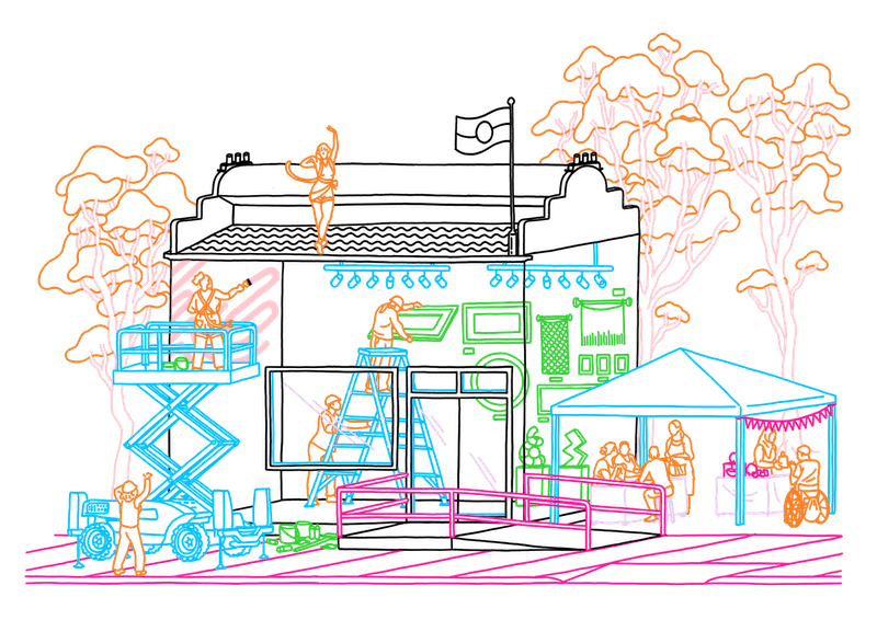 A colourful graphic line illustration of trees, an art gallery and people all engaging in work related to the arts.