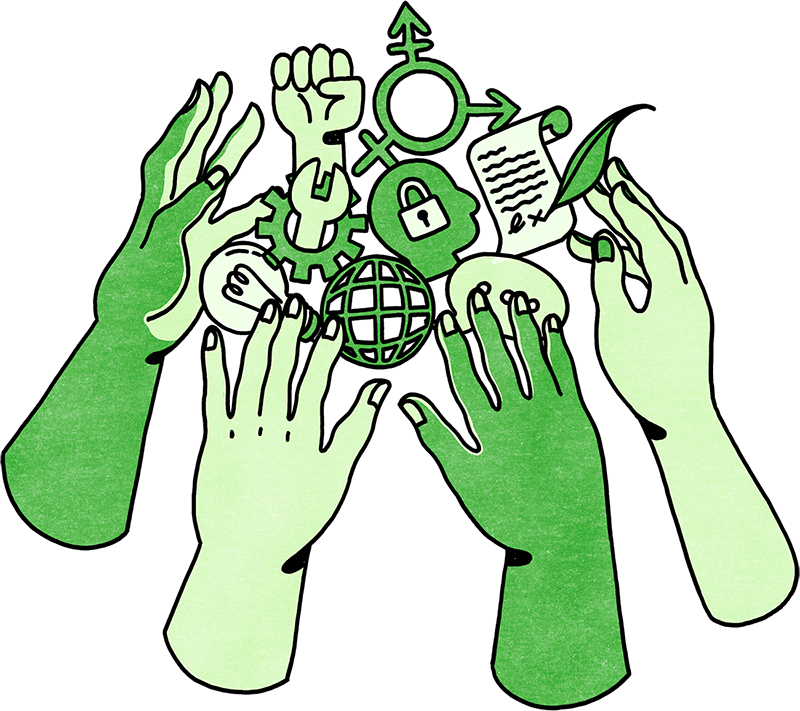 ID: A graphic illustration in shades of green of five hands reaching upwards surrounding symbols including a light bulb, thinking bubble, spanner and cog, lock, document and transgender symbol.