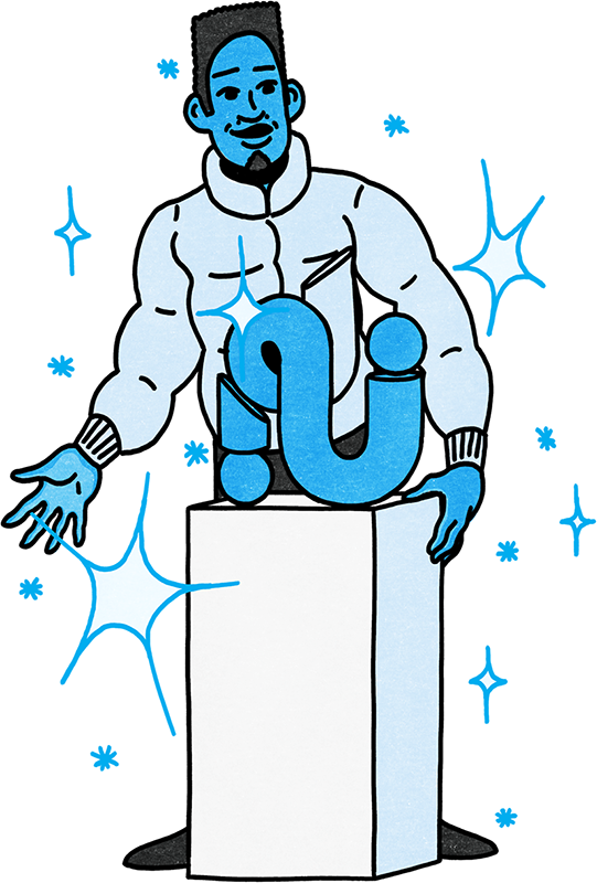 ID: A graphic illustration in shades of blue of a person standing behind a plinth on which sits a sculpture. There are stars all around the person and sculpture.