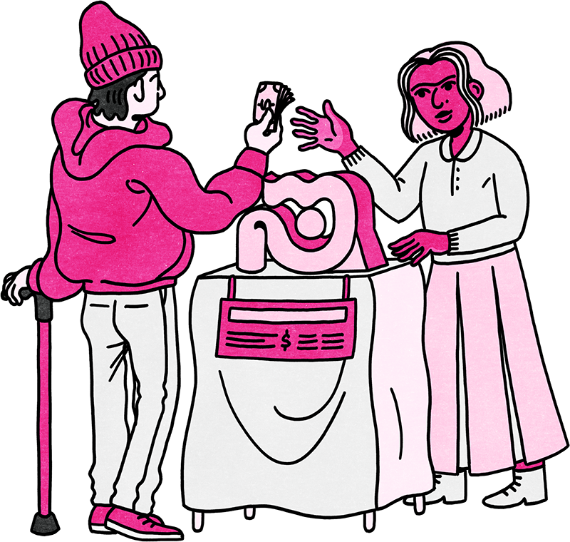 ID: A graphic illustration in shades of pink of two people exchanging money over a plinth that holds a sculpture.