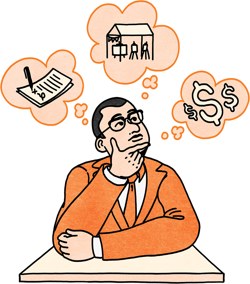 ID: A graphic illustration in shades of orange of a person sitting at a table with three thought bubbles above their head. In the bubble to the left is a document, in the bubble in the middle is a market stall and in the last bubble to the right are dollar signs.