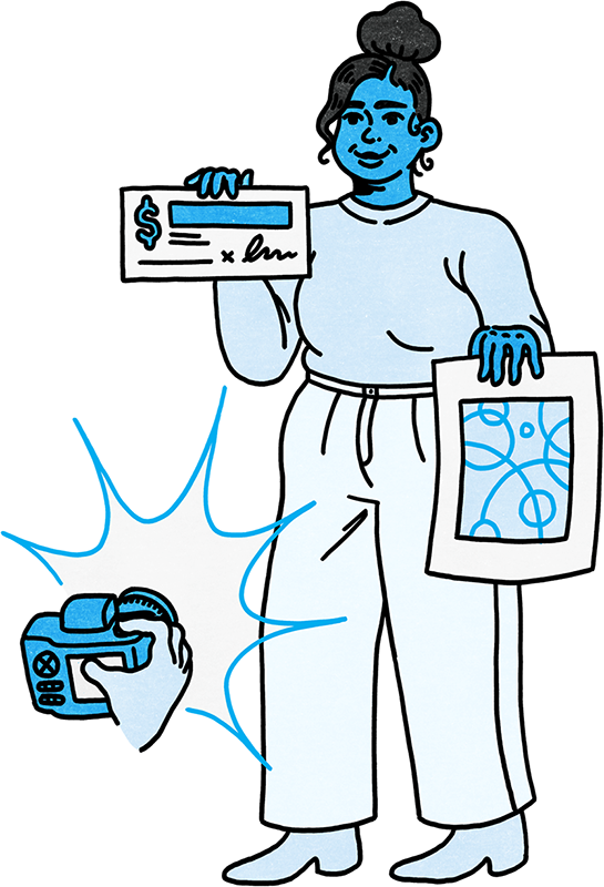 ID: A graphic illustration in shades of blue of a person holding a cheque and artwork and being photographed.