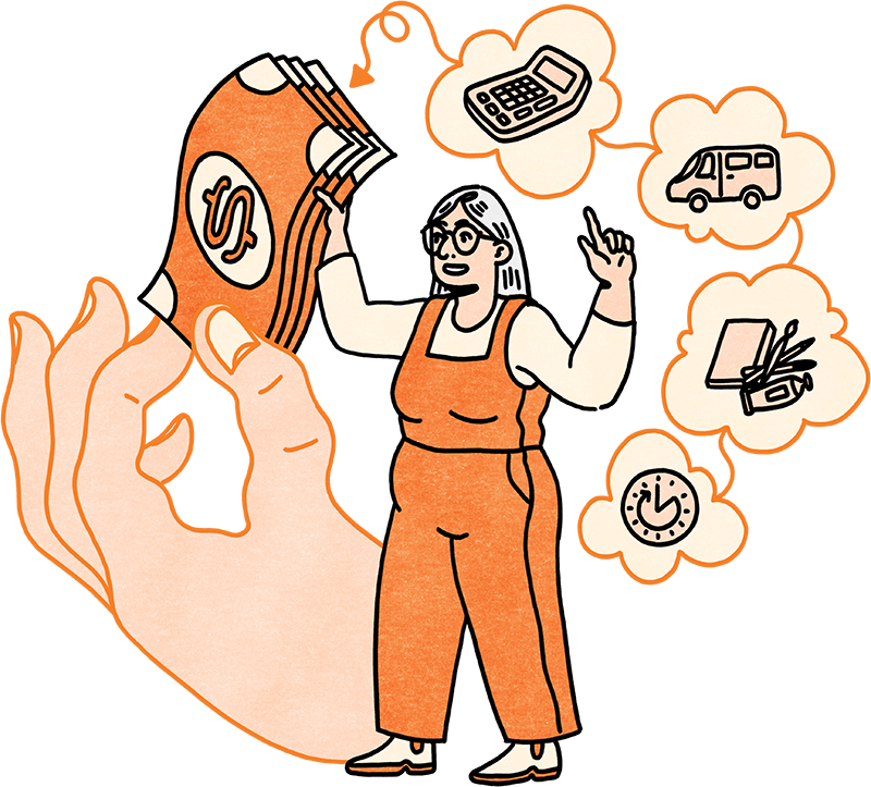 ID: A graphic illustration in shades of orange of a person grasping money, to the side there are four bubbles with drawings of a clock, paint supplies, a van and calculator in them.