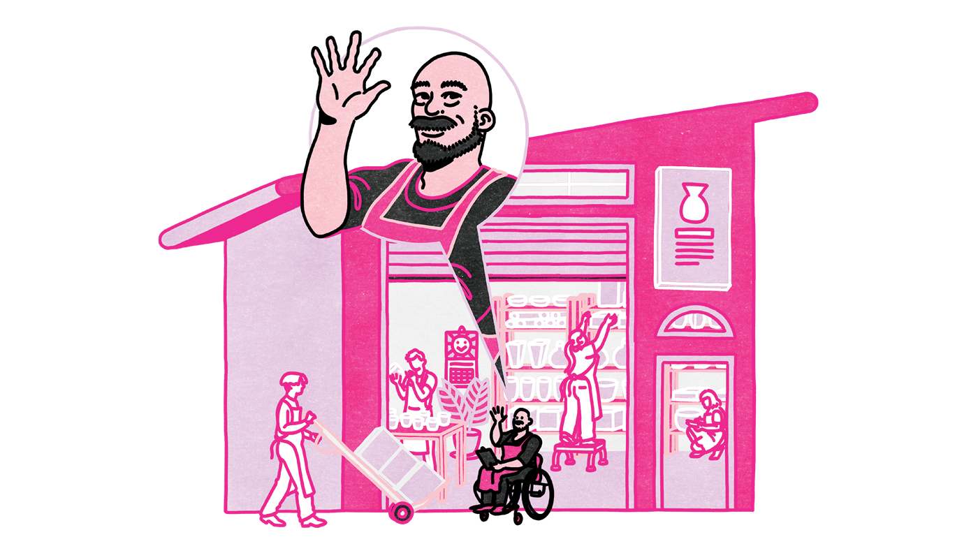 A graphic illustration in shades of pink and purple of a store selling craft wares. The people inside and outside of the store are working and shopping. The person in front in a wheelchair is smiling and waving.